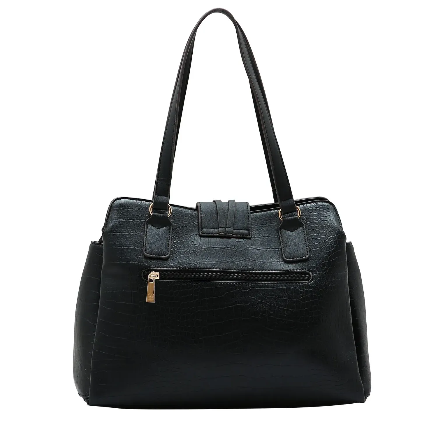 Bolsa Chenson Mini Croco Tote preta vista frontal com bolso externo e detalhes dourados